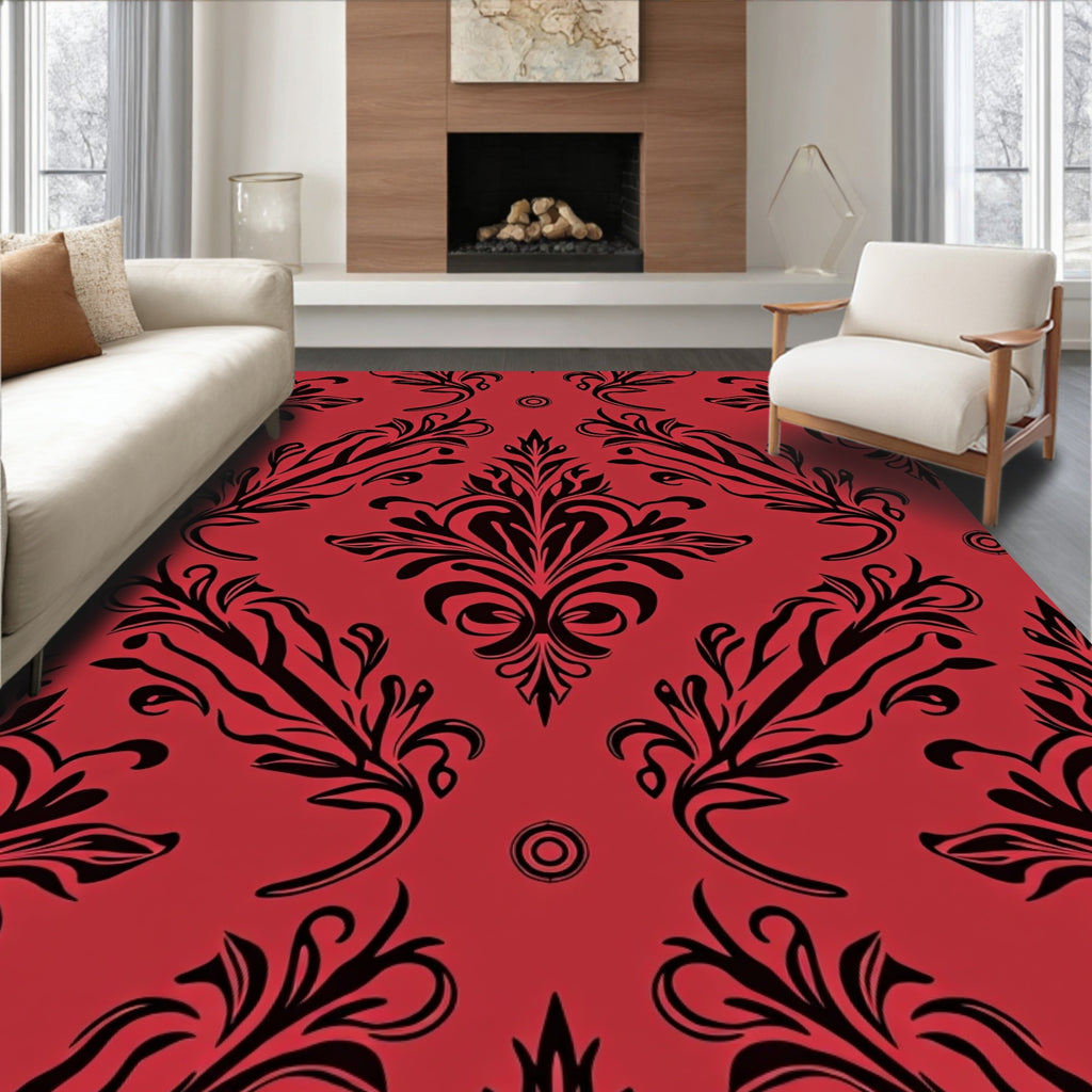 Elegant Black Floral Damask Pattern Rug