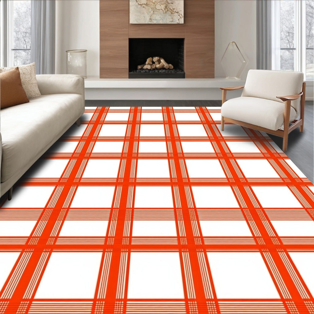 Bold Orange White Checkered Pattern Rug