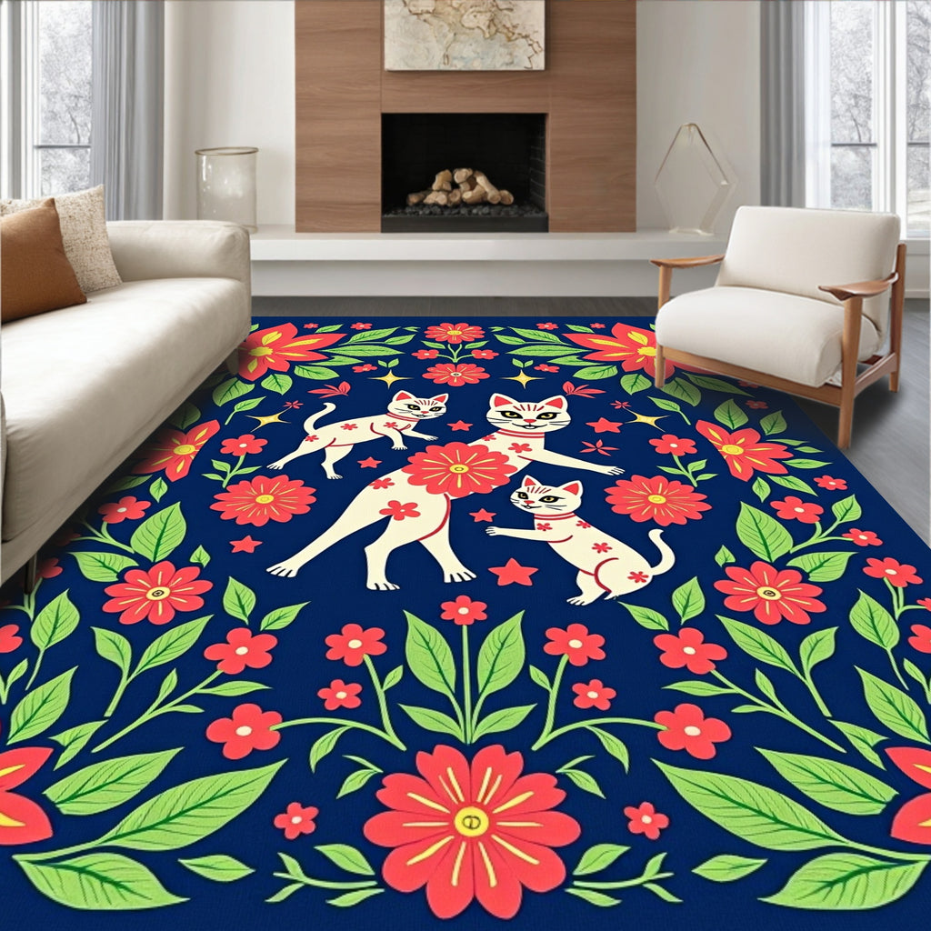 Floral Cat Family Vibrant Tapestry Rug