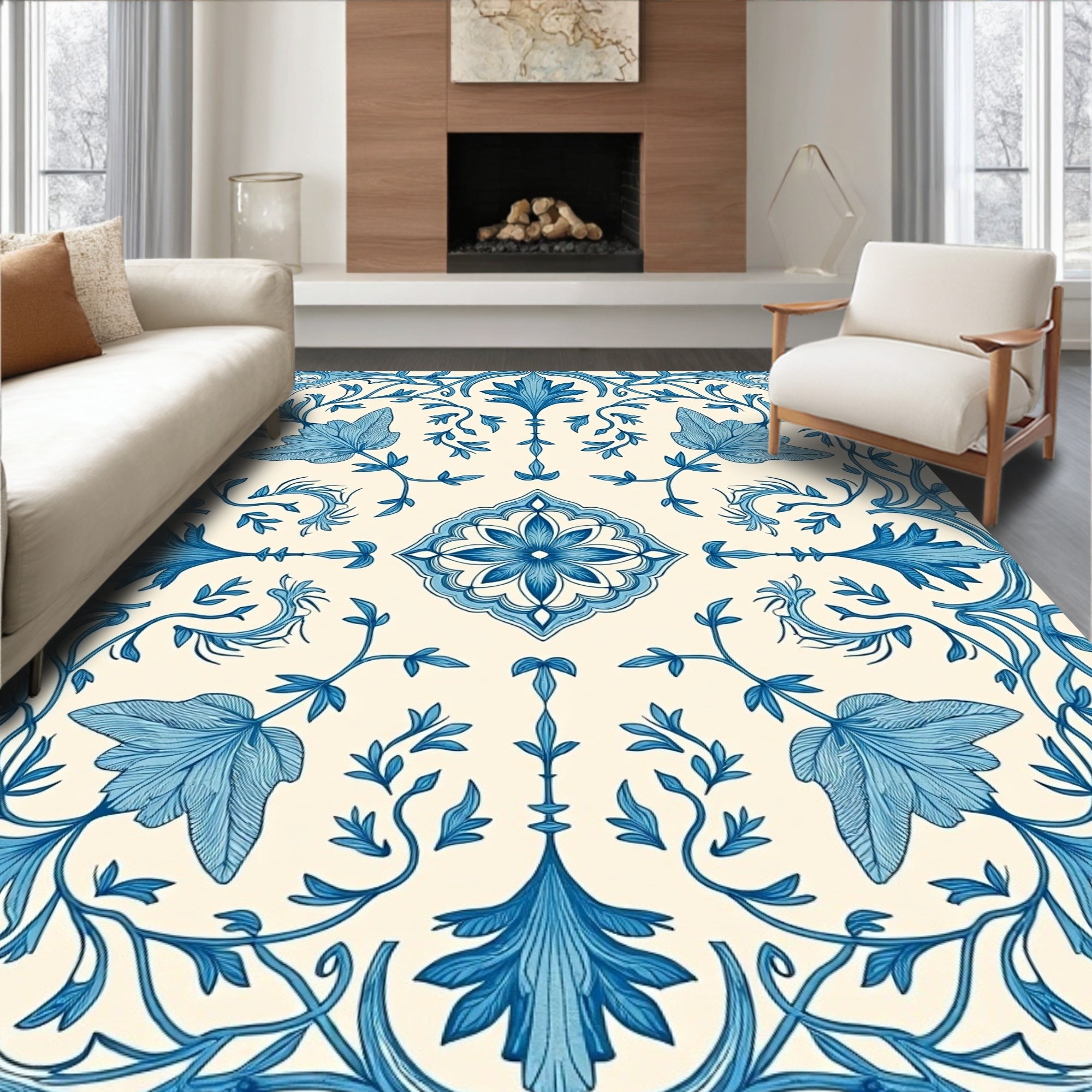 Classic Blue Floral Vine Mandala Rug