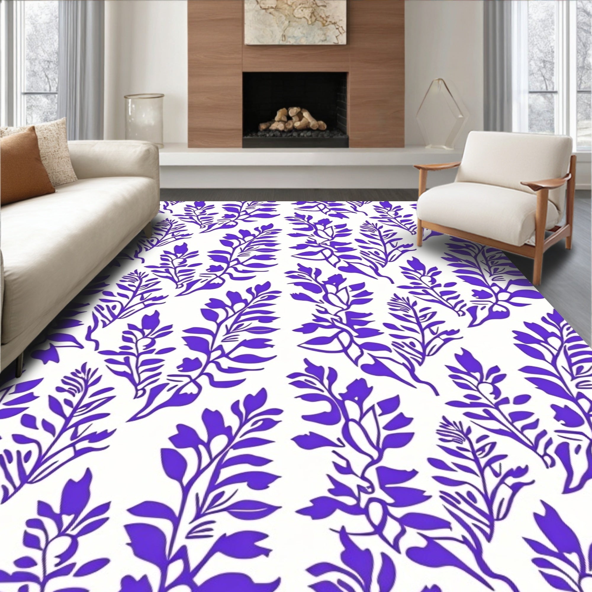 Purple Leafy Branch Pattern Rug