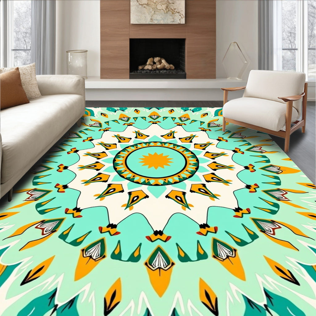 Bright Teal Orange Sunburst Mandala Rug