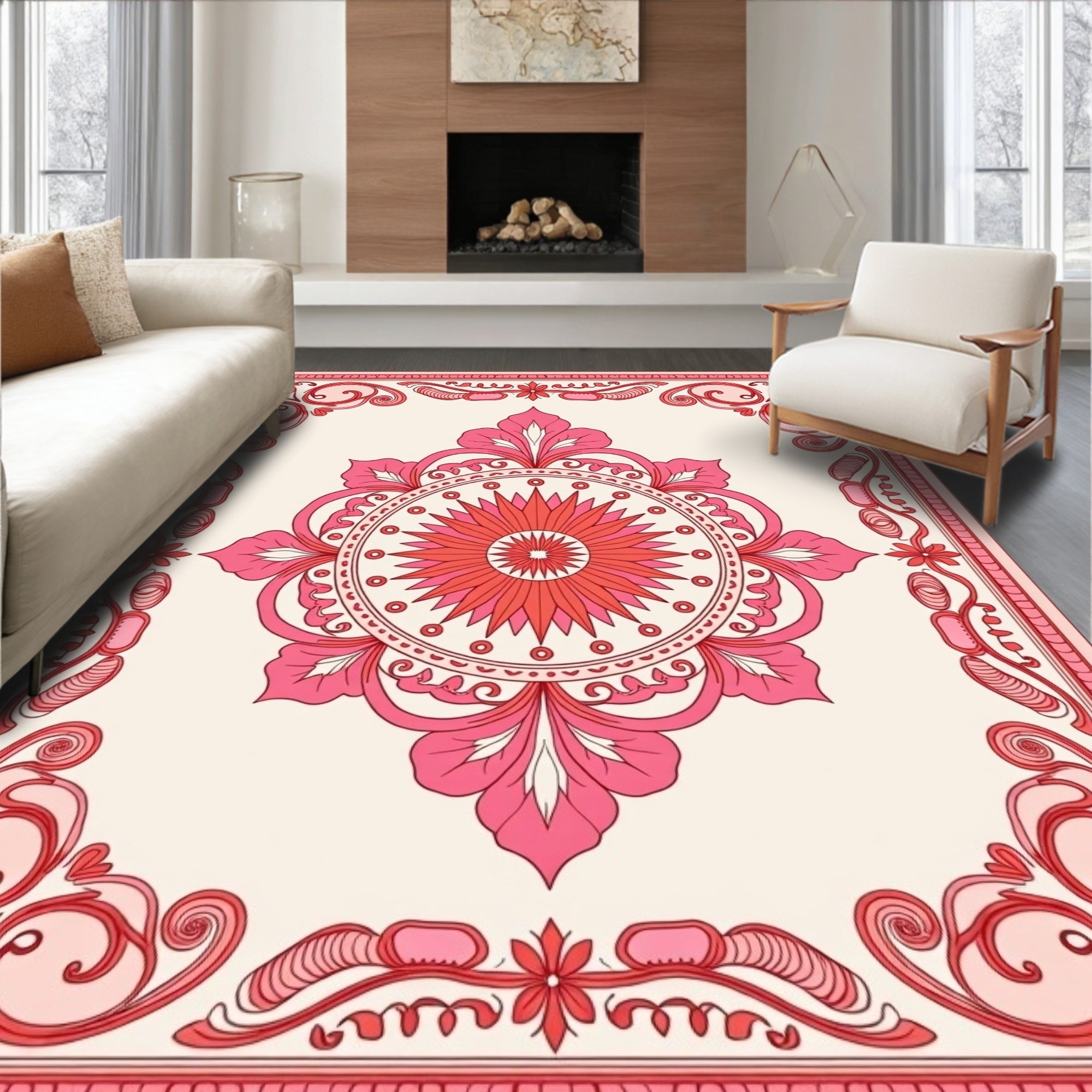 Pink Floral Medallion Border Design Rug