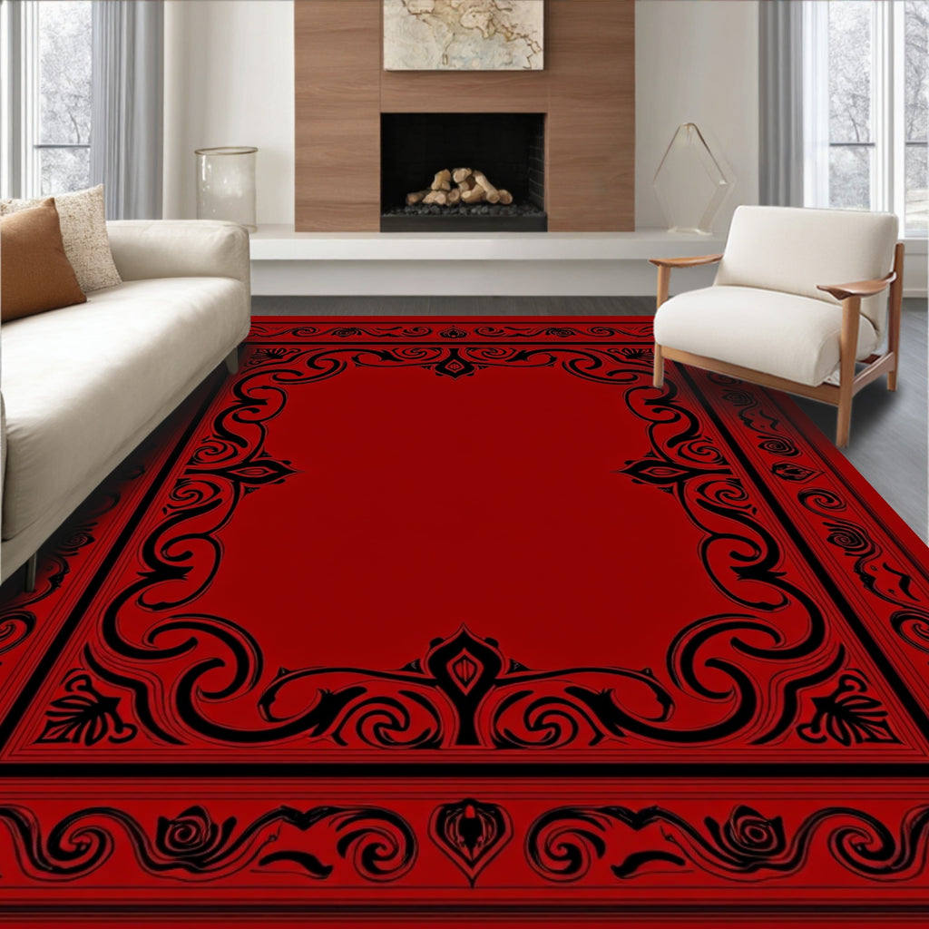 Ornate Black Scrollwork Red Rug