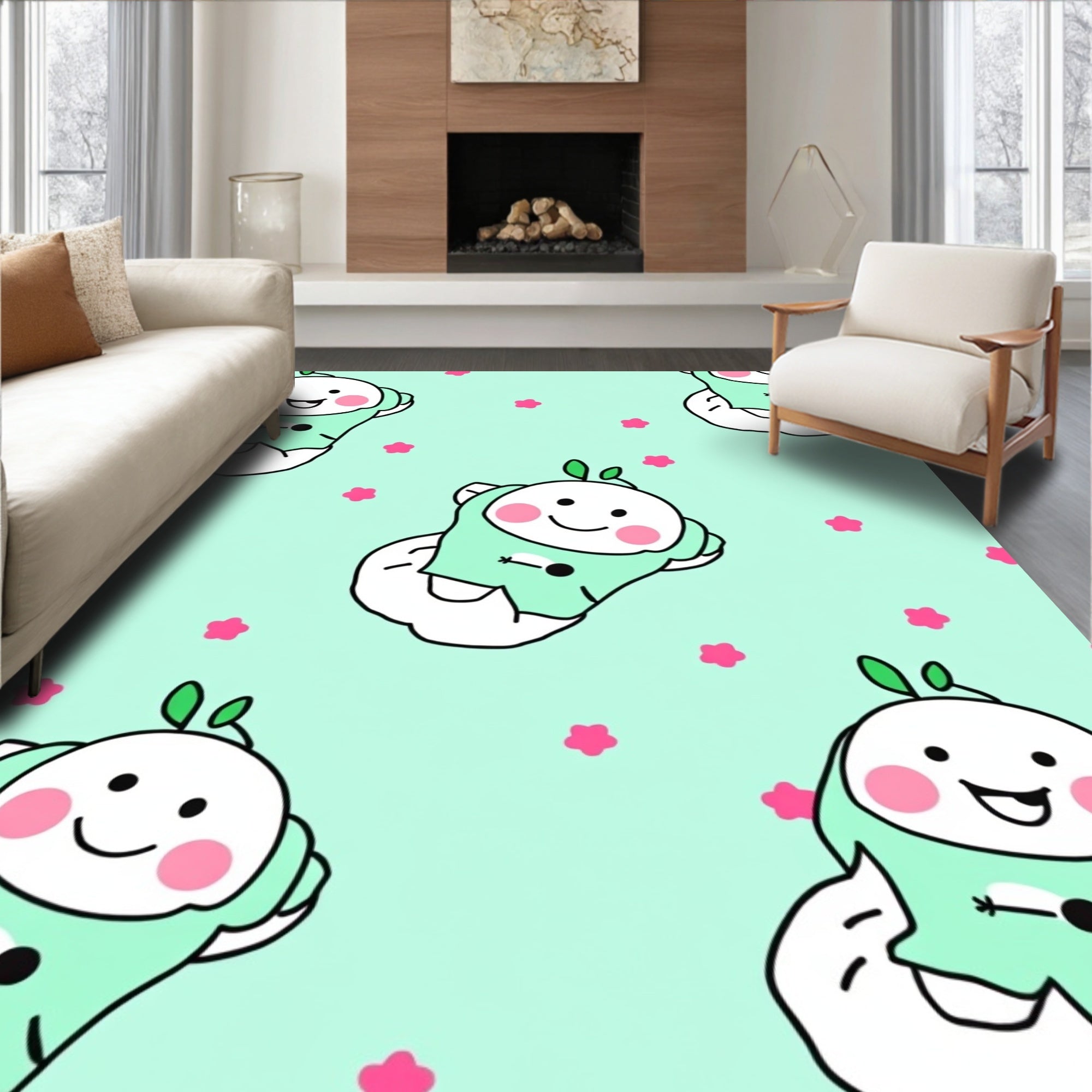 Cute Mint Character Floral Pattern Rug
