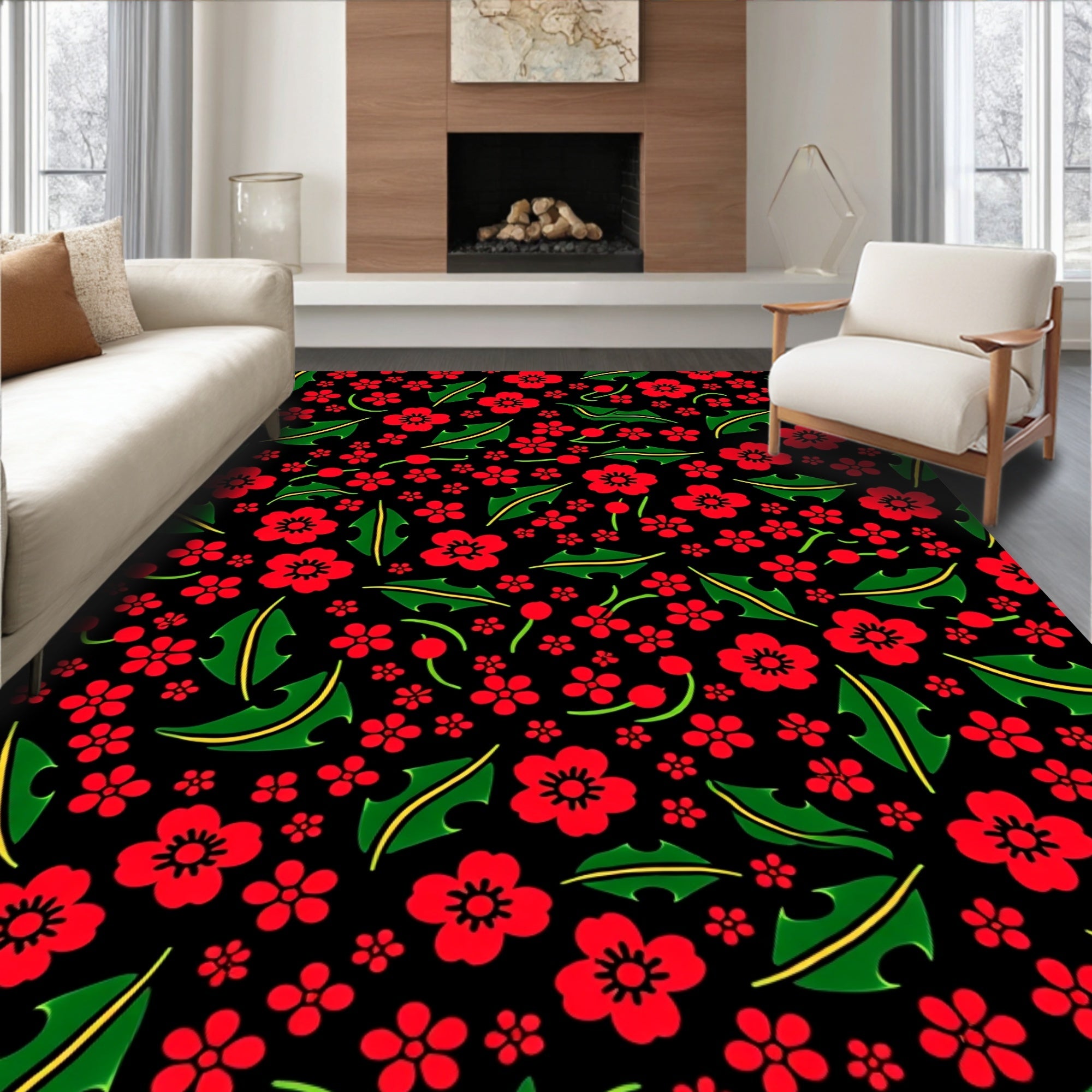 Red Floral Leaf Pattern Rug