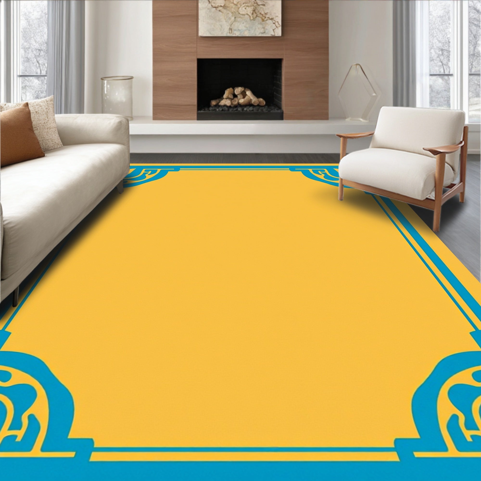 Ornate Yellow Blue Geometric Border Rug