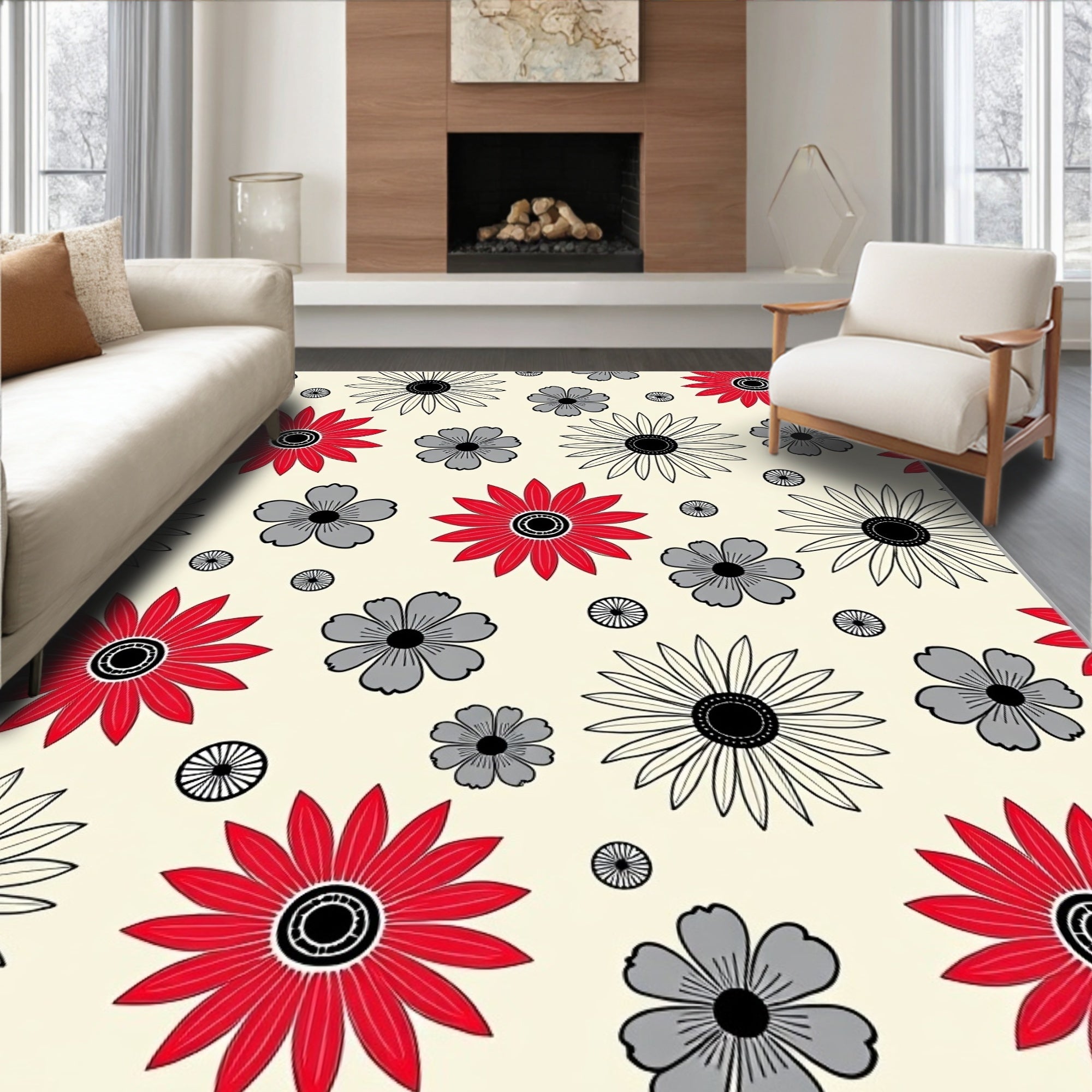 Modern Floral Print Red Gray Rug