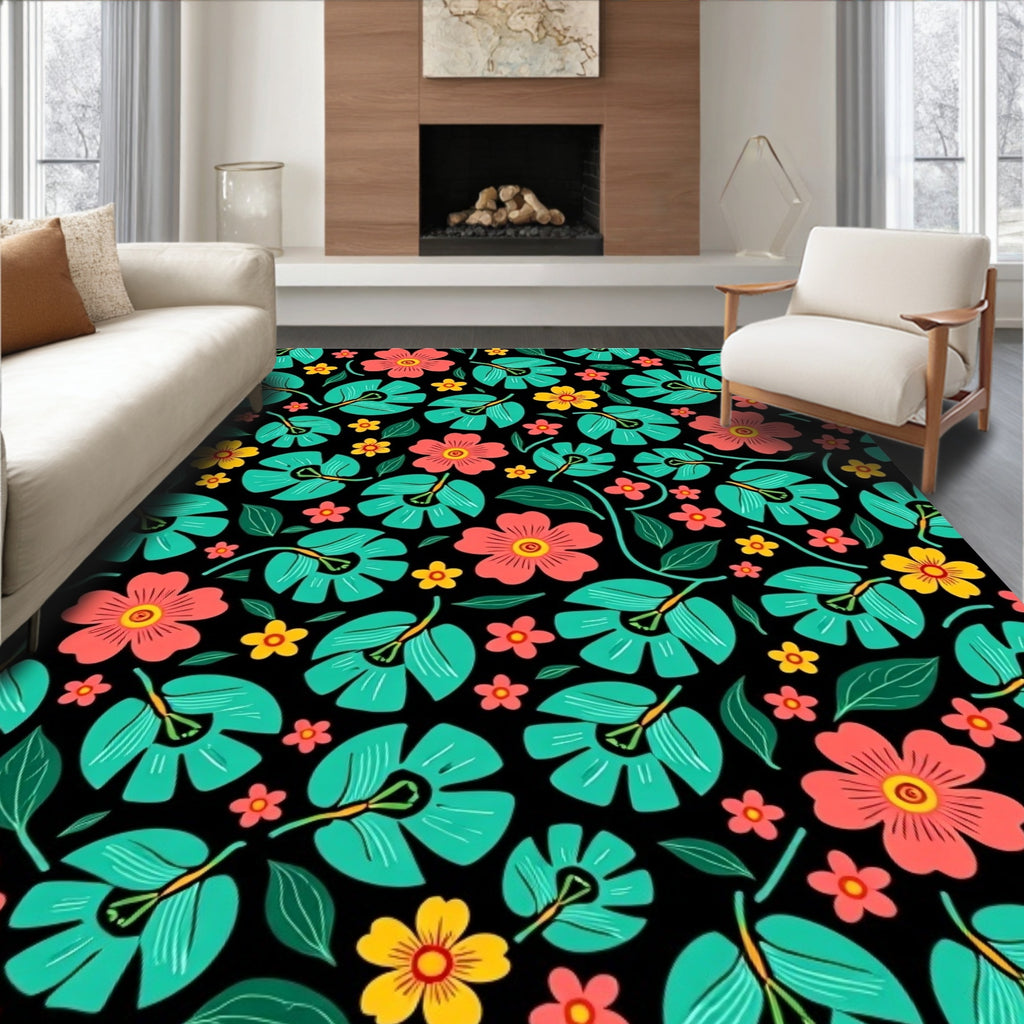 Coral Teal Yellow Floral Garden Rug