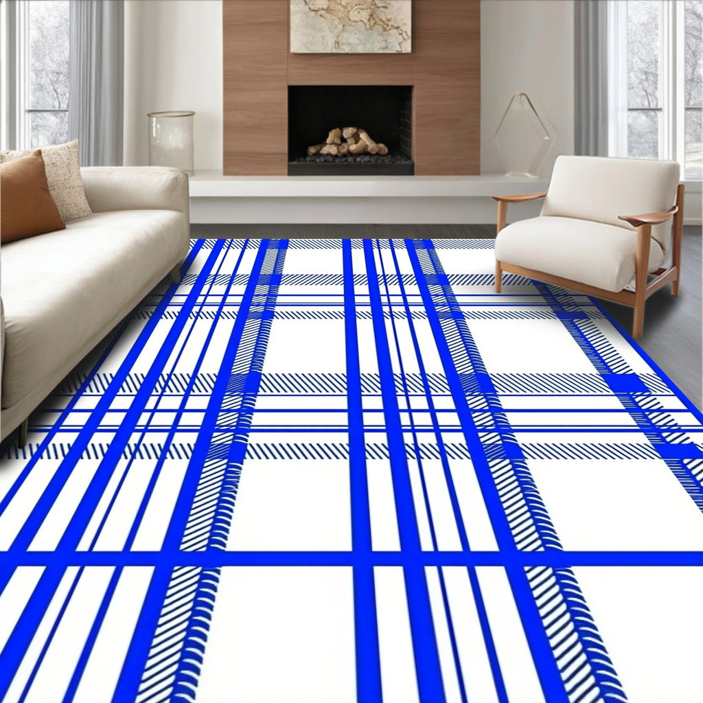 Blue White Classic Plaid Design Rug
