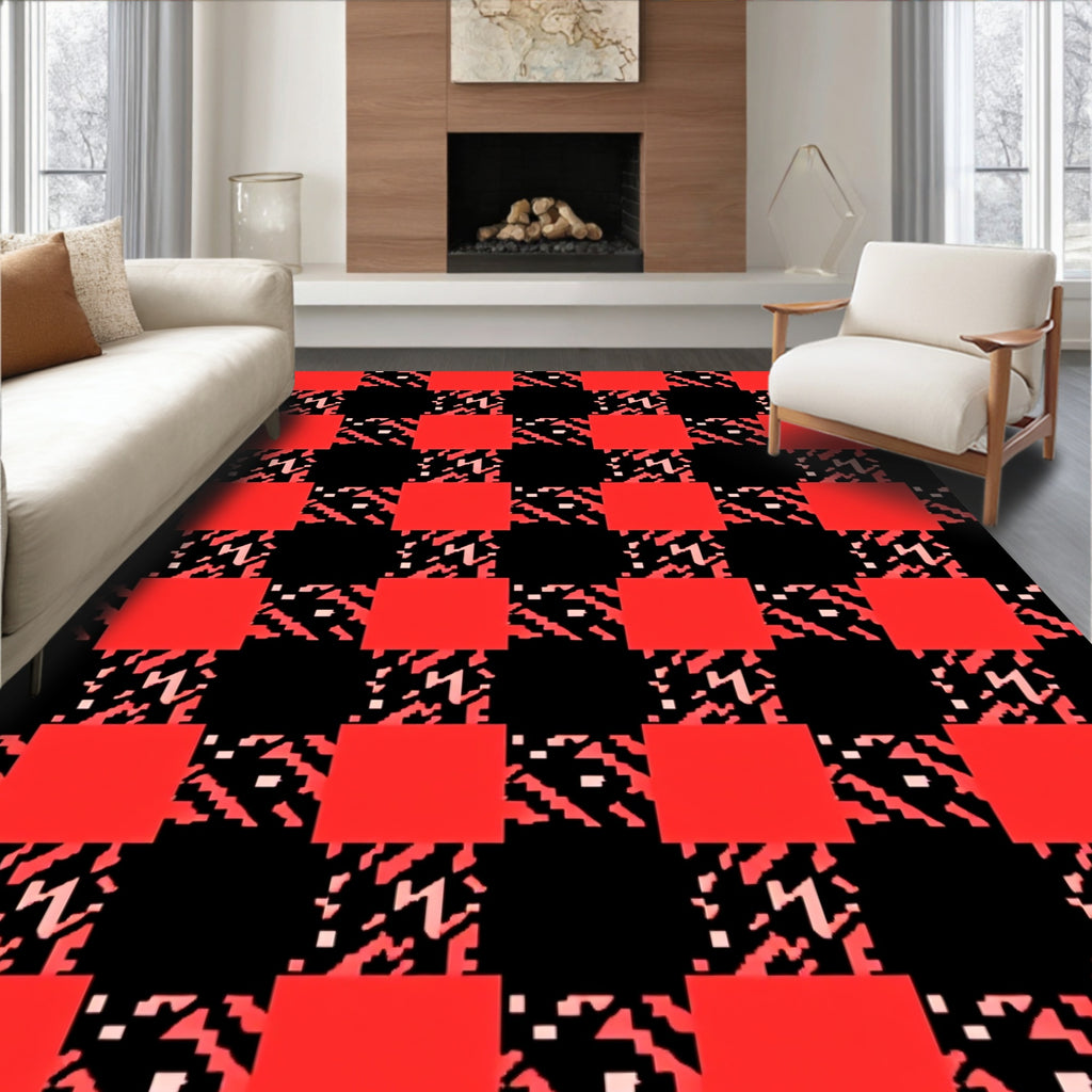 Red Black Houndstooth Checkered Pattern Rug