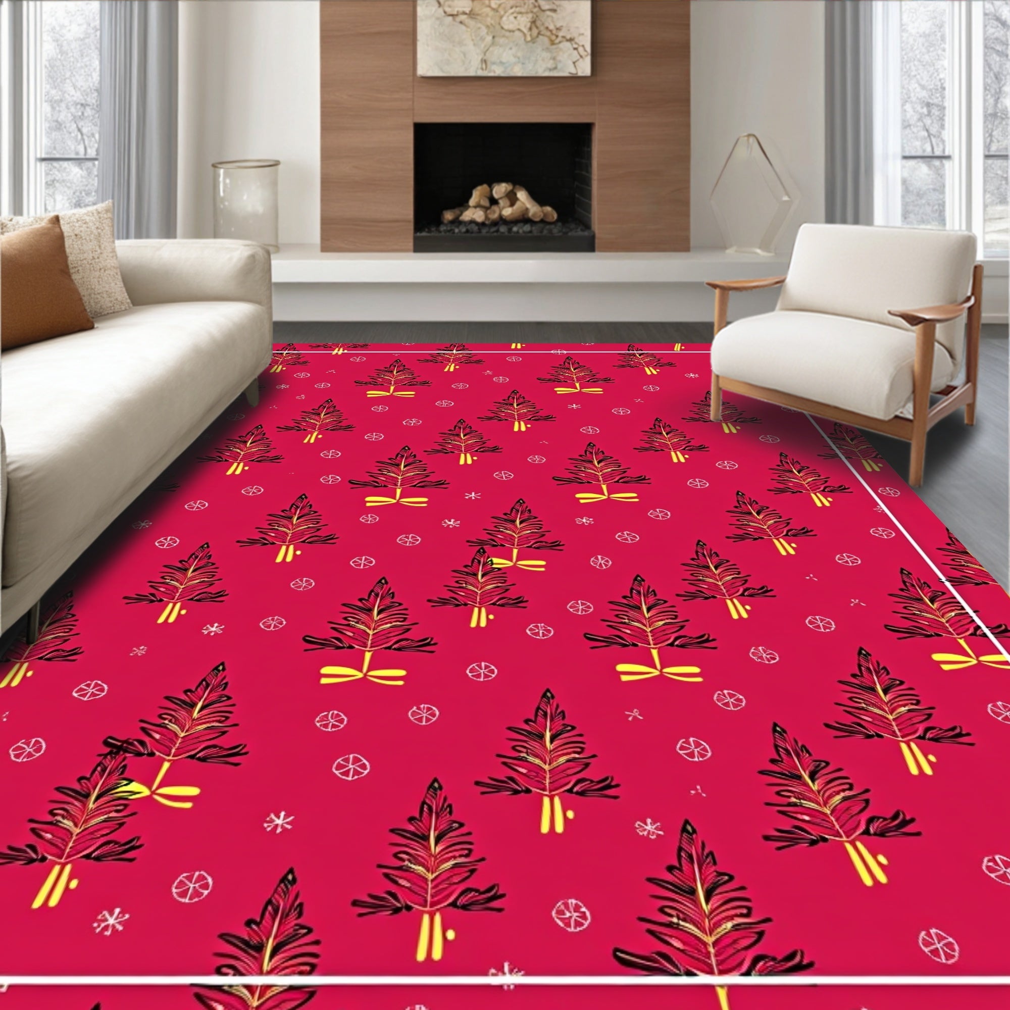 Red Festive Tree Snowflake Pattern Rug