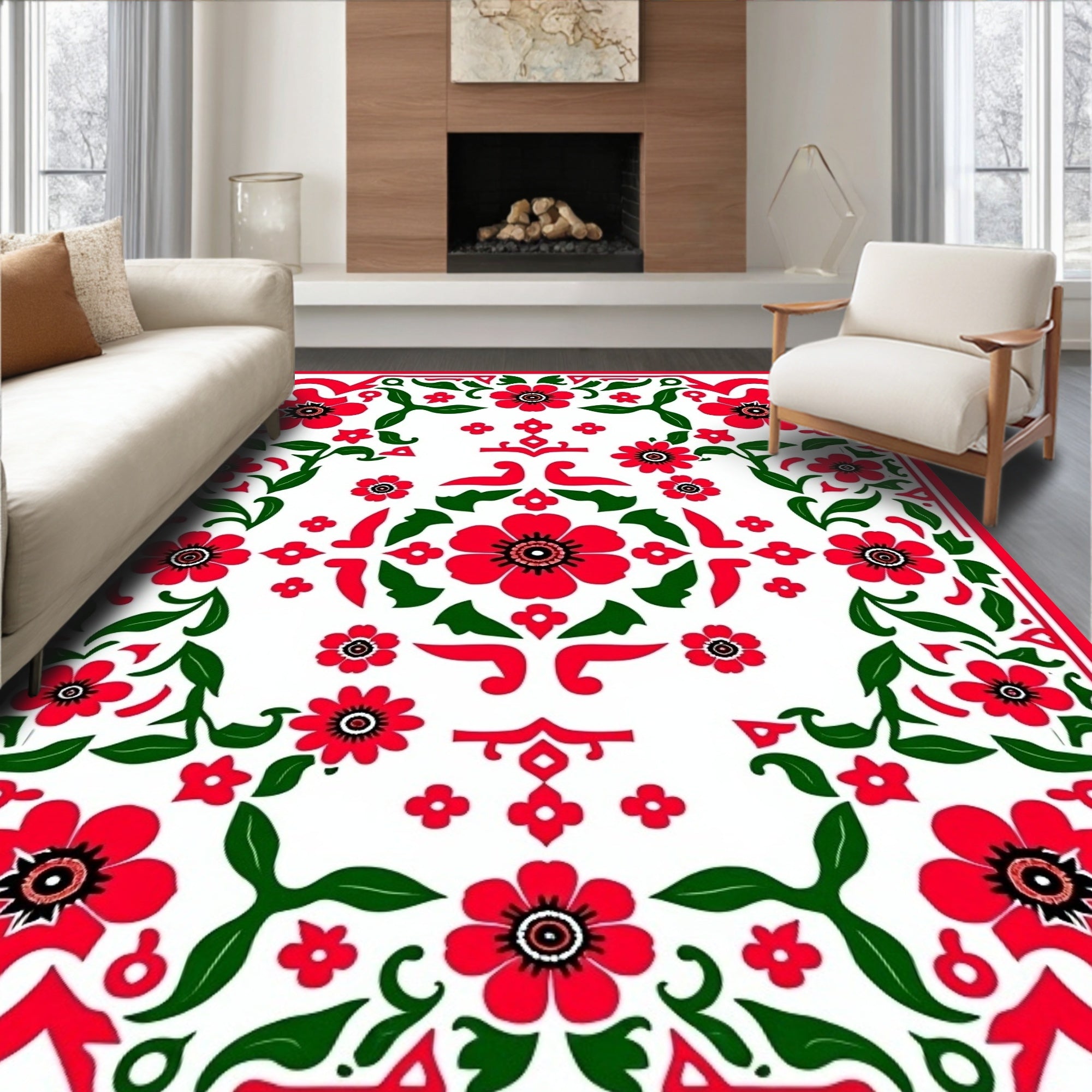 Red Floral Vine Pattern Rug