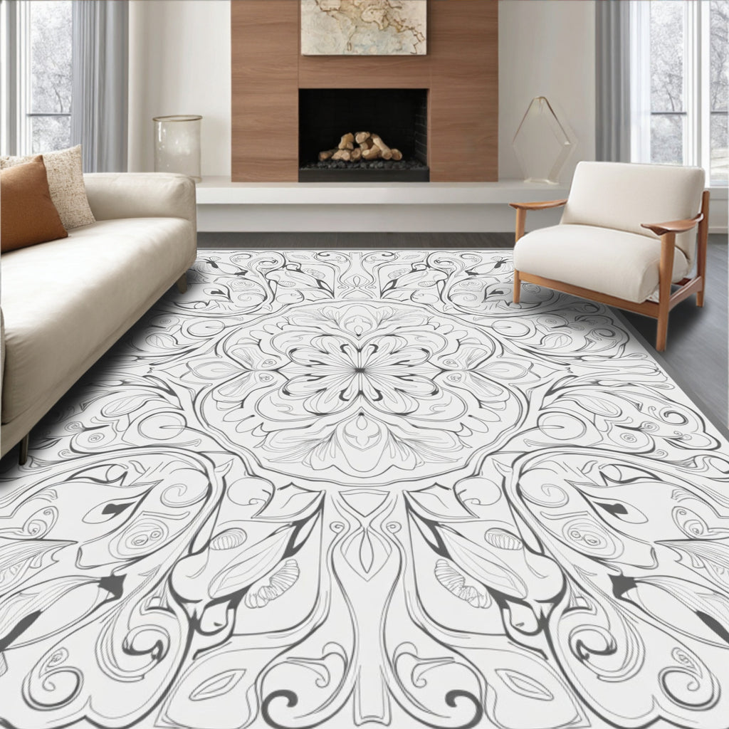 Intricate Floral Swirl Square Pattern Rug